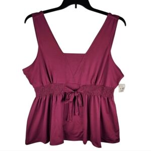 NEW JW Womens Smocked Peplum Tie Waist Square Neck Pink Berry Tank Top Size XL
